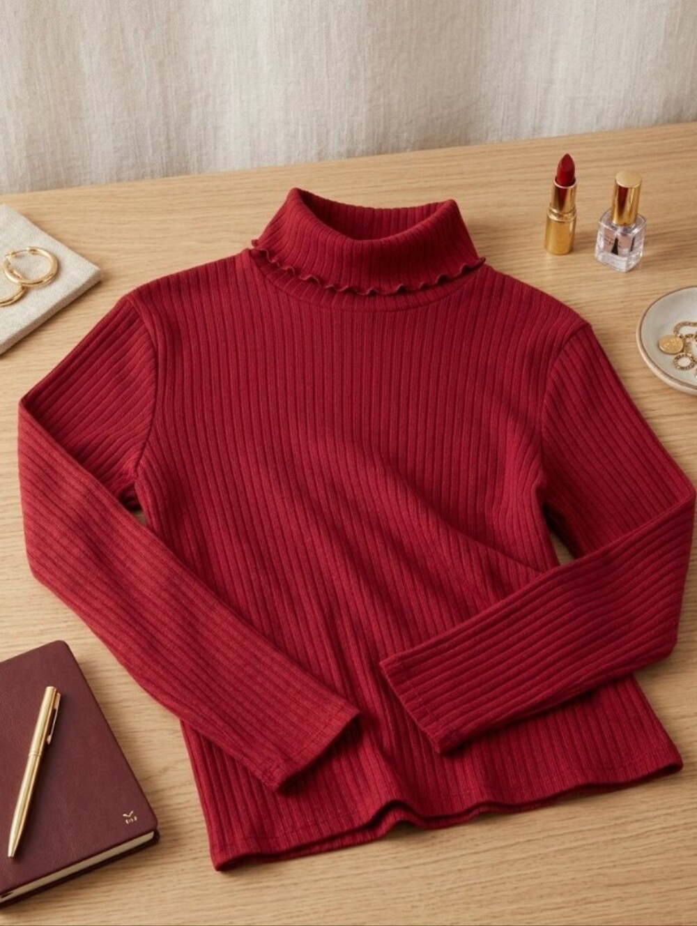 Vintage Villager Sport by Liz Claiborne Red Ribbed Ruffle Turtleneck Top Size XL